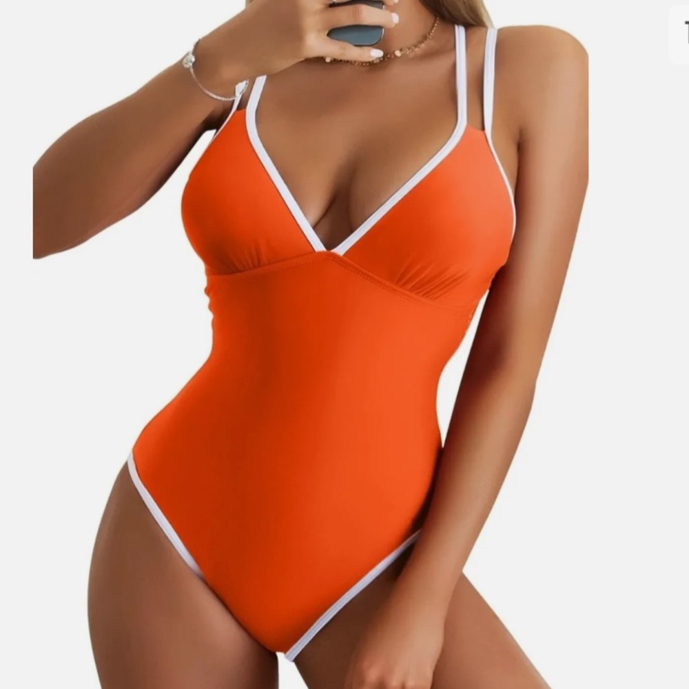 NWT B2PRITY V-Neck Cross-Back Tummy Control 1 Piece Swimsuit Orange White Trim M